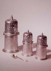 Set of three Charles II casters, by Francis Garthorne; trefoil mustard spoon; 1680-85